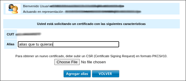 Pantalla de ARCA solicitando el archivo CSR para el certificado