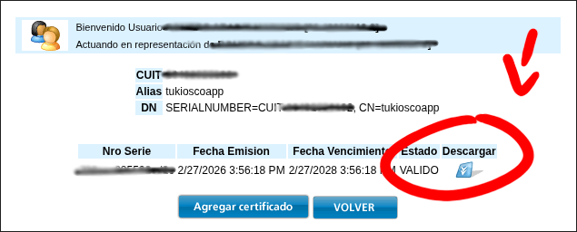 Descarga del certificado generado desde el portal de ARCA