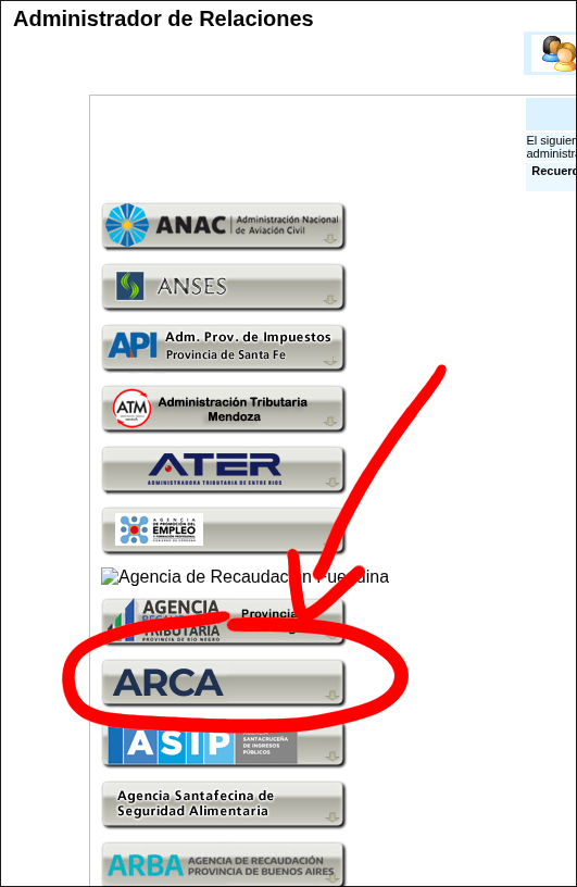Selección del ícono de ARCA como proveedor del servicio
