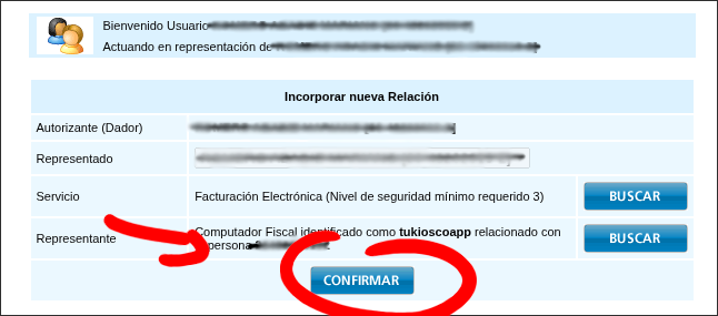 Pantalla de confirmación de la relación de Factura Electrónica